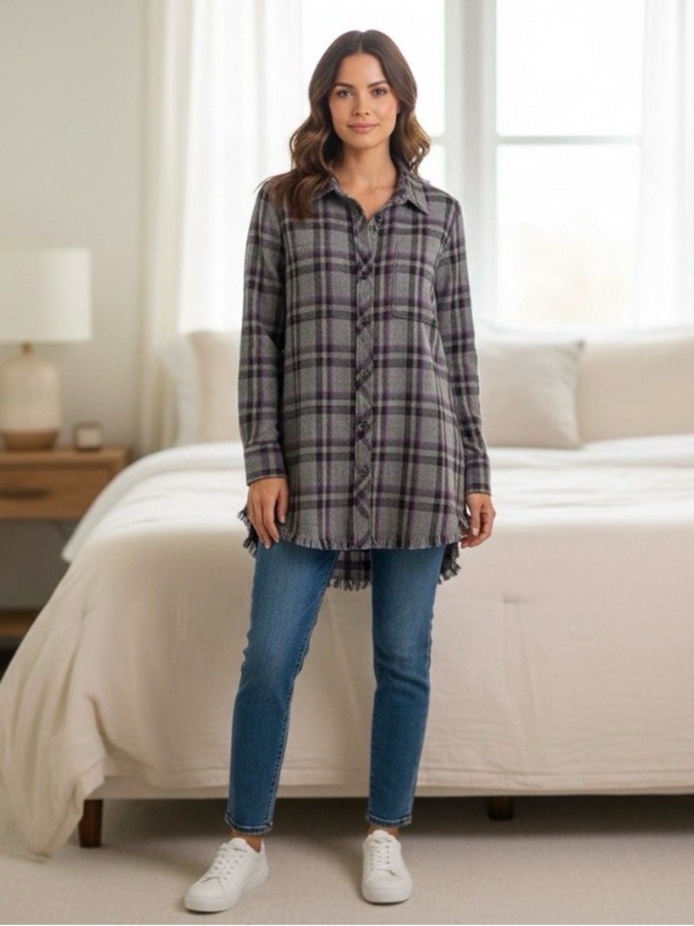 💜Free Shipping🩶 CAbi Highlander Plaid Fleece Button Up Top- Size M